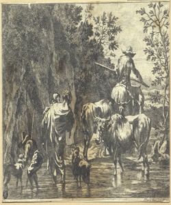 famiglia di pastori attraversa un corso d'acqua Bergen, Dirk van