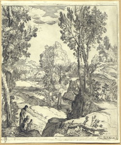 paesaggio boschivo con famiglia Vecellio, Tiziano (attribuito)