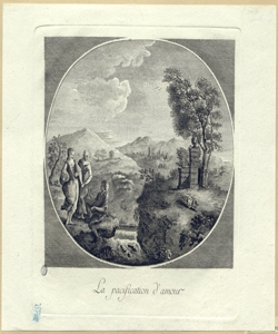 paesaggio con piccola cascata e tre personaggi 