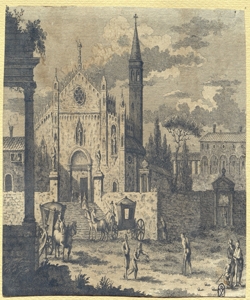 paesaggio urbano con chiesa e carrozze 