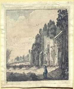 paesaggio con abitazione e due viandanti 