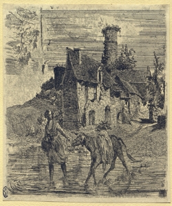 paesaggio rurale con donna che guada un corso d'acqua con un cavallo 