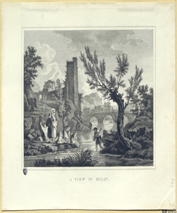 paesaggio con ponte e bagnanti 