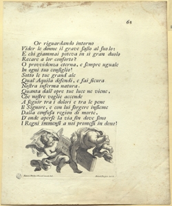 pagina di libro con angioletti che portano una lastra incisa Fariat, Benedetto