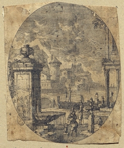 paesaggio urbano con ponte e fontana Perelle, Gabriel (attribuito)