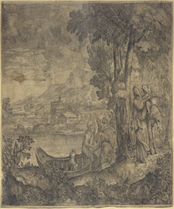 paesaggio lacustre con barca Grimaldi, Giovan Francesco detto Bolognese