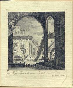 veduta con edifici affacciati su un corso d'acqua e figure Ricci, Marco