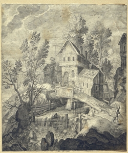 paesaggio con cascata, edifici e figure Sadeler