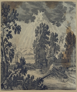 paesaggio fluviale con edificio e due figure Sadeler