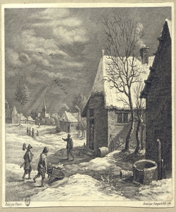 villaggio innevato con edifici e figure Surugue, Pierre Louis