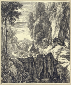 paesaggio con cascata e uomo seduto sulle rocce Swanevelt, Hermann van
