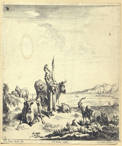 pastorella che fila con gregge e mandria Visscher, Johannes