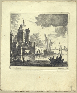 paesaggio fluviale nordico con edificio, barche e figure Visscher, Johannes
