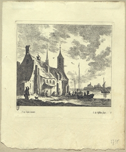 paesaggio fluviale nordico con chiesa, barche e figure Visscher, Johannes