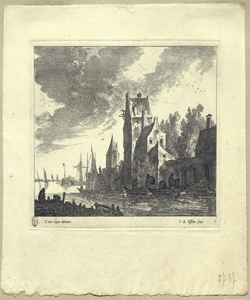 paesaggio fluviale nordico con edifici, barche e figure Visscher, Johannes