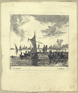 paesaggio fluviale nordico con edifici, barche e figure Visscher, Johannes