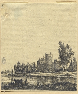 paesaggio fluviale nordico con edificio fortificato e figure Waterloo, Anthonie