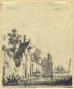 paesaggio fluviale nordico con edifici e figure Waterloo, Anthonie