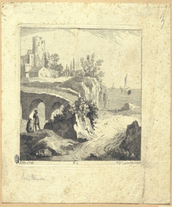 paesaggio marino con edificio fortificato, ponte e figure Palmieri, Pietro Giacomo