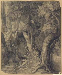 paesaggio montano con rocce, alberi e cascata Sadeler