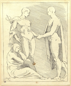 Mercurio nudo stringe la mano a un uomo nudo, ai suoi piedi donna seduta a Caylus, Anne Claude Philippe de