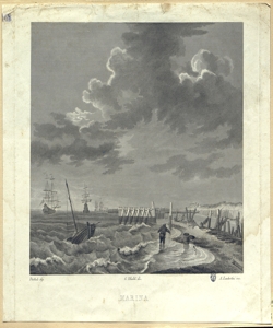 marina con barche e una figura Lambertini, A.