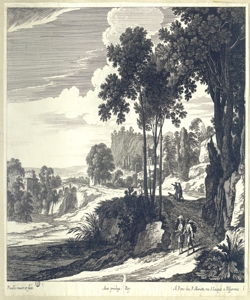 paesaggio fluviale con edifici, ponte e viandanti Perelle, Gabriel