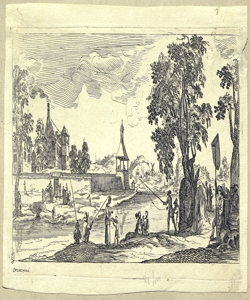 paesaggio con pescatori ed edifici Son, Nicolas de