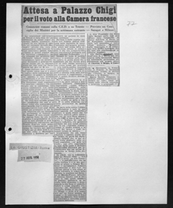 Attesa a Palazzo Chigi per il voto alla Camera francese - Commenti romani sulla C.E.D. e su Trieste - Previsto un Consiglio dei Ministri per la settimana entrante - Saragat a Milano, sta in LA GIUSTIZIA - quotidiano