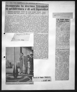 DAL VICE PRESIDENTE DEL CONSIGLIO ON. SARAGAT - Inaugurata la decima Triennale di architettura e di arti figurative - Imponente partecipazione straniera alla grande rassegna milanese - Sintesi panoramica della civiltà moderna e dei suoi problemi produttivi ed artistici, sta in IL POPOLO - quotidiano