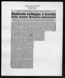 DOPO LE DISTRUZIONI CAUSATE DALLA GUERRA - Notevole sviluppo a Isernia della Scuola Artistico-Industriale - Interessante conversazione con il Direttore Guarnieri il quale ha sottolineato gli sforzi compiuti per dare ai giovani la possibilità di istruirsi nel campo delle arti, sta in IL TEMPO - quotidiano