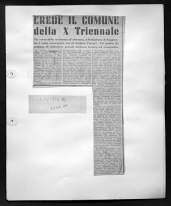 EREDE IL COMUNE della X Triennale - Nel corso della cerimonia di chiusura, il Padiglione di Soggiorno è stato consegnato ieri al Sindaco Ferrari - Un quarto di milione di visitatori; grande successo tecnico ed economico, sta in LA PATRIA - quotidiano