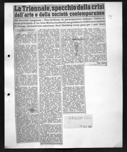 La Triennale , specchio della crisi dell'arte e della società contemporanee - Gli stranieri insegnano - Poco brillante la partecipazione italiana - Fallito lo scopo principale - L'on. Ivan Matteo Lombardo non gradisce le trebbiature-comizio - Il famoso caricaturista americano Saul Steinberg trova pane per i suoi denti, sta in L'ECO DI BERGAMO - quotidiano