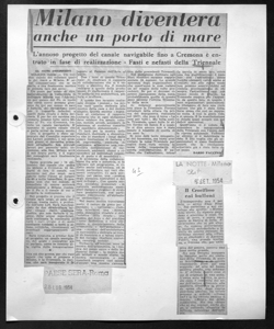 Milano diventerà anche un porto di mare - L'annoso progetto del canale navigabile fino a Cremona è entrato in fase di realizzazione - Fasti e nefasti della Triennale, sta in PAESE SERA - quotidiano