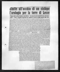 Simile all'occhio di un ciclope l'orologio per la torre di Lecce - L'opera dello scultore Barbieri è già ultimata - Un colosso di venti quintali di bronzo, alto nove metri - Trafori e leggiadre figurazioni per fonderne lo stile con quello barocco della città, sta in GAZZETTA DEL MEZZOGIORNO - quotidiano