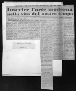 VISITA ALLA DECIMA TRIENNALE DI MILANO - Inserire l'arte moderna nella vita del nostro tempo - Da questa rassegna appare chiaro lo sforzo che il Presidente Ivan Matteo Lombardo e i componenti della Giunta esecutiva hanno compiuto, insieme al Comune di Milano per presentare al pubblico le più recenti conquiste del progresso estetico e sociale, sta in LA GIUSTIZIA - quotidiano