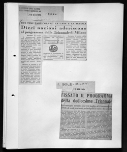 FISSATO IL PROGRAMMA della dodicesima Triennale - La rassegna si terrà dal 16 luglio al 4 novembre 1960 ed avrà per temi principali la casa e la scuola, sta in IL SOLE - quotidiano