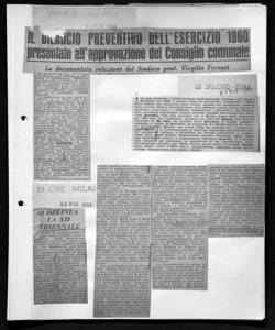 IL BILANCIO PREVENTIVO DELL'ESERCIZIO 1960 presentato all'approvazione del consiglio comunale - La documentata relazione del Sindaco prof. Virgilio Ferrari, sta in CORRIERE DELLA SERA - quotidiano