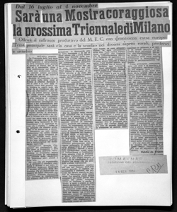 Dal 16 luglio al 4 novembre Sarà una Mostra coraggiosa la prossima Triennale di Milano - Offrirà il raffronto produttivo del M.E.C. con i continenti extra europei Tema principale sarà 