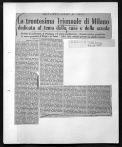 SARÀ APERTA SABATO AL PARCO - La trentesima Triennale di Milano dedicata al tema della casa e della scuola - Problemi di architettura, di urbanistica e di sistemi prefabbricativi - Originali selezioni prospettiche - Le mostre particolari di Wright e di Venini - Sedici Paesi stranieri presenti alla grande rassegna, sta in IL GIORNALE DI SICILIA - quotidiano