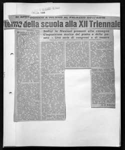 SI APRE DOMANI A MILANO AL PALAZZO DELL'ARTE - Il tema della scuola alla XII Triennale - Sedici le Nazioni presenti alla rassegna - L'esposozione storica del piatto e della posata - Una serie di congressi e di mostre, sta in L'ECO DI BERGAMO - quotidiano