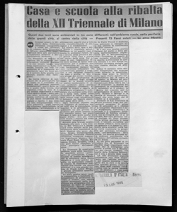 Casa e scuola alla ribalta della XII Triennale di Milano - Questi due temi sono ambientati in tre zone differenti: nell'ambiente rurale, nella periferia delle grandi città, al centro della città - Presenti 15 Paesi esteri - Le altre Mostre, sta in IL SECOLO D'ITALIA - quotidiano