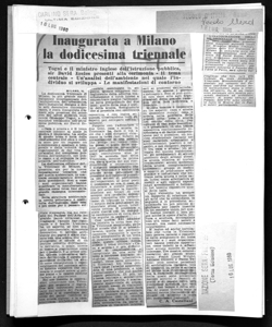 Inaugurata a Milano la dodicesima triennale - Togni e il ministro inglese dell'istruzione pubblica, sir David Eccles presenti alla cerimonia - Il tema centrale - Un'analisi dell'ambiente nel quale l'individuo si sviluppa - Le manifestazioni di contorno, sta in CARLINO SERA - quotidiano