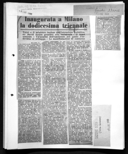 Inaugurata a Milano la dodicesima triennale - Togni e il ministro inglese dell'istruzione pubblica, sir David Eccles presenti alla cerimonia - Il tema centrale - Un'analisi dell'ambiente nel quale l'individuo si sviluppa - Le manifestazioni di contorno, sta in NAZIONE SERA - quotidiano