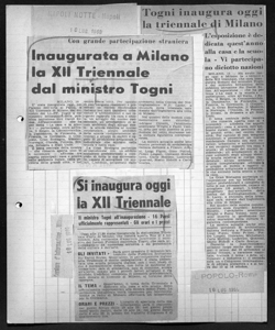 Si inaugura oggi la XII Triennale - Il ministro Togni all'inaugurazione - 16 Paesi ufficialmente rappresentati - Gli orari e i prezzi, sta in CORRIERE D'INFORMAZIONE - quotidiano