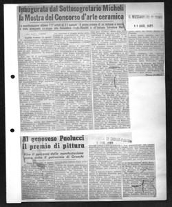 Inaugurata dal Sottosegretario Micheli la Mostra del Concorso d'arte ceramica - La manifestazione allinea 117 artisti di 11 nazioni - Il primo premio di un milione e mezzo è stato assegnato ex-aequo alla finlandese Lindn-Mascitti e all'italiano Salvatore Meli, sta in IL MESSAGGERO - quotidiano