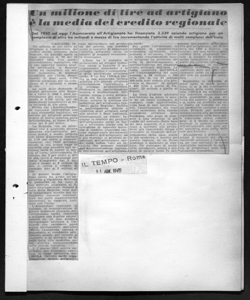 Un milione di lire di artigiano è la media del credito regionale - Dal 1950 ad oggi l'Assessorato all'Artigianato ha finanziato 3339 aziende artigiane per un complesso di oltre tremiliardi e mezzo di lire incrementando l'attività di molti complessi dell'Isola, sta in IL TEMPO - quotidiano