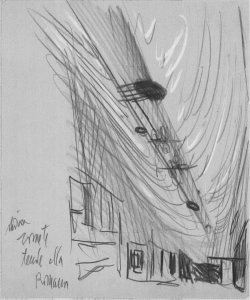 TRN_12_PA_117 bis_a - Mostra commemorativa di Frank Lloyd Wright. Area espositiva. Serie di schizzi a matita. Autore Roberto Menghi