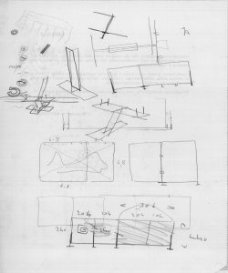 TRN_12_PA_117 bis_b - Mostra commemorativa di Frank Lloyd Wright. Serie di schizzi a matita dell'area espositiva e di particolari costruttivi