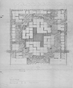 TRN_EXT_PA_007 - Mostra del disegno industriale italiano in Austria. Sede espositiva di Vienna. Museo del XX secolo. Piano terra. Schizzo a matita della sezione della Mostra storica con suddivisione degli spazi interni